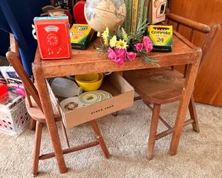 Vintage children's table and chairs, lots of. Vintage children books, vintage globe