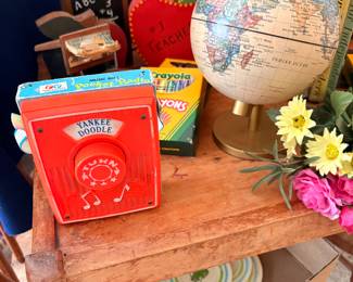 Vintage Childs music box and vintage globe