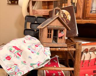 Cast iron muffin tin, crock bowls, bird house