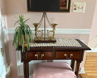 Small Table w/ Bench, Brass Horn Lamp