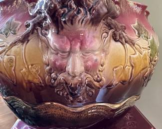 Antique Majolica Jardiniere / Cache Pot w/ Green Man Face Handles