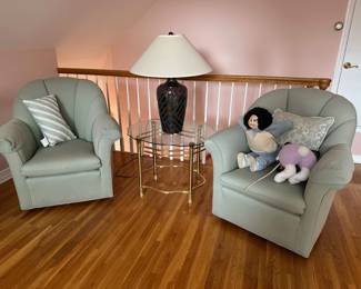 Pair of Channel Back Arm Chairs, Brass & Glass Side Table, Lamp