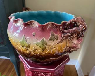 Antique Majolica Jardiniere / Cache Pot w/ Green Man Face Handles