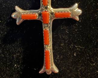 Coral and Sterling C & L Leekity Crucifix Cross pendant