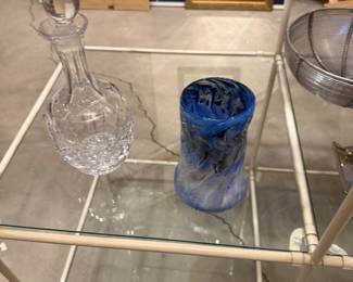 Crystal decanter $25.00, blue vase $15.00