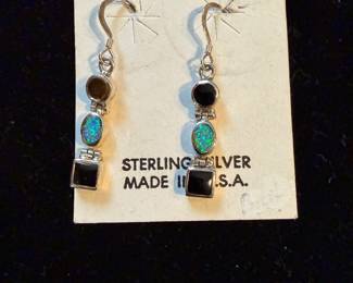 Onyx and Opal Stering pierced earrings