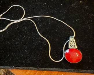 Coral tone stone in Sterling pendant on Sterling chain