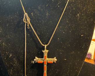 Coral and Sterling Pendant crucifix on chain