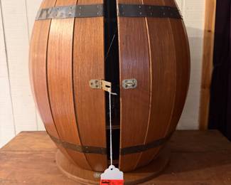 Portable Barrel bar with glasses and decanter $75.00