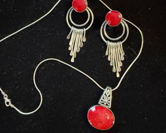 Coral Tone Colored Stones in Sterling Necklace and Earring set