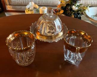 Glass Butter Dish, Sugar and Creamer with 14 ct. Gold Band