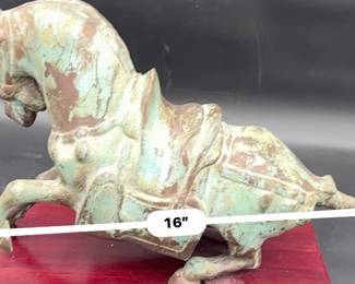 Vintage Tang Dynasty Style Bronze Horse Sculpture on Wooden Base