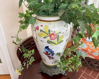 Enamel on copper Italian antique vase with flowers