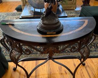 Marble and iron 1/2 round table with inlaid tiles