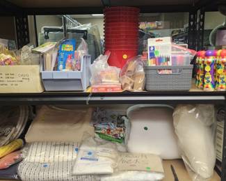 Arts & Crafts - Red buckets, paintable items, doll house furniture, markers, bingo doppers, Fabric (cotton & polyesters)