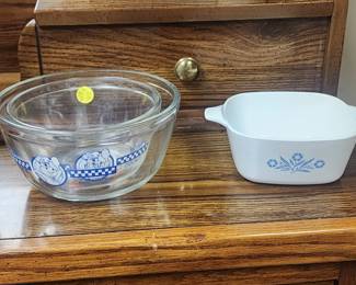 Pillsbury Doughboy glass mixing bowls, Corningware Blue Cornflower Casserole Dish
