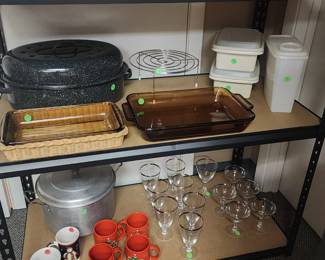 Silver edged drinkware, casserole dishes, roasting pan, stock pot