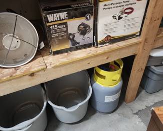 Transfer Pump, Cleaning Buckets, Propane Tank