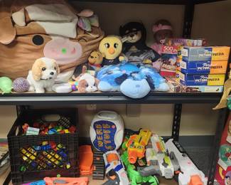 Nerf guns, Duplo Blocks, Large Squishmellow, Stuffed Animals, Puzzles