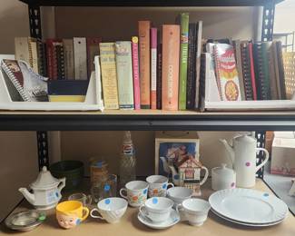 Cook books, fine china, teapots