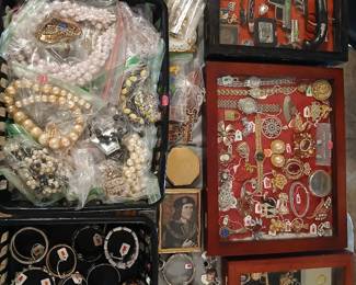 vintage costume jewelry , lighters, pins, 