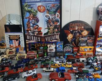 Hundreds of model diecast toy cars, hot wheels, franklin mint, artwork