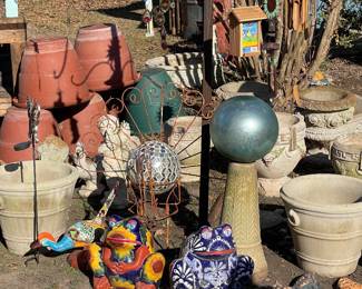 Talavera yard art, gazing balls, and terracotta pots, and concrete pots 