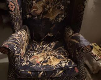 Wingback Armchair with Chinoiserie Pheasant and Geometric Fabric