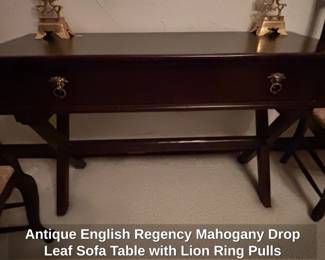 Antique English Regency Mahogany Drop Leaf Sofa Table with Lion Ring Pulls