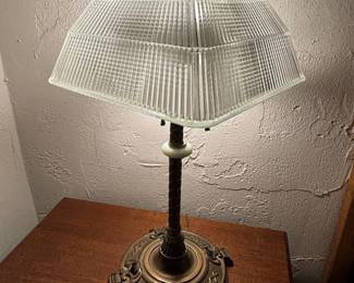 Antique Ribbed Glass Shade Table Lamp with Ornate Base second image