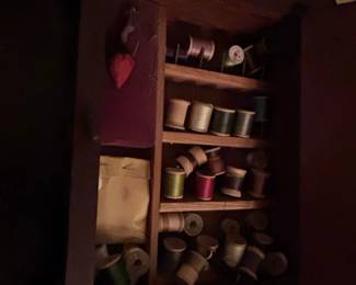 Antique Wooden Spool Cabinet with Thread