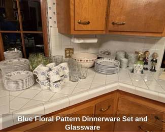 Blue Floral Pattern Dinnerware Set and Glassware