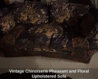 Vintage Chinoiserie Pheasant and Floral Upholstered Sofa