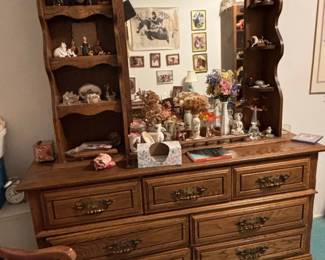 Vintage Broyhill Oak Drawer Dresser with Mirror Hutch