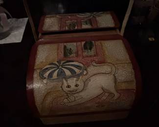 Vintage HandPainted Wooden Sewing Basket with Cat Motif by Maitre Artisan