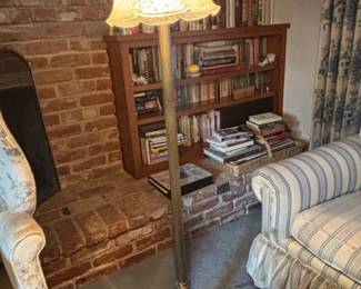 Victorian Style Brass Floor Lamp with Frosted Etched Glass Shade and Swing Arm