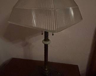 Antique Ribbed Glass Shade Table Lamp with Ornate Base