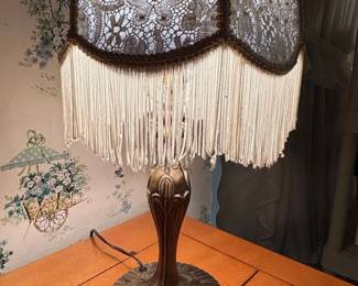 Antique Victorian Lace and Tassel Table Lamp with Art Nouveau Base