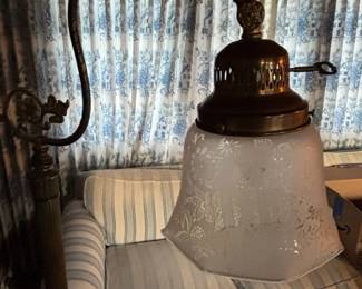 Victorian Style Brass Floor Lamp with Frosted Etched Glass Shade and Swing Arm second image