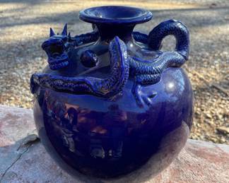 COBALT BLUE VASE FEATURING A HIGH RELIEF DRAGON