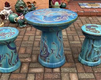 BEAUTIFUL BLUE GLAZED CERAMIC PATIO TABLE & STOOL SET