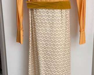 Vintage 1970s formal maxi dress Golden satin bodice with velvet sash Full lace skirt with romantic silhouette. Front view