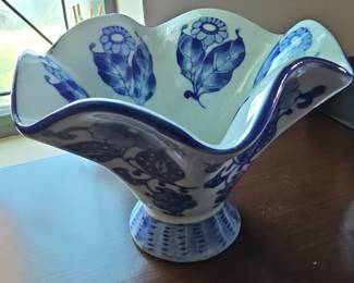 Blue and White Floral Pedestal Bowl