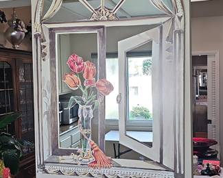 Trompe-l'oeil Window Mirror with Painted Tulips