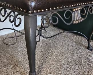 Vintage Wrought Iron and Upholstered Side Table with Glass Insert