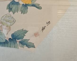 Chinese Silk Watercolor Painting of Peonies and Butterfly