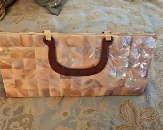 Vintage Mother of Pearl Inlaid Handbag with Tortoiseshell Handle