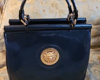 Gianni Versace Black Patent Leather Top Handle Bag with Medusa Emblem