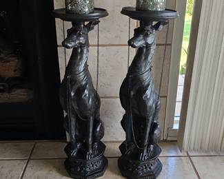 Pair of Bronze Greyhound Dog Candlestick Holders with Mosaic Shades