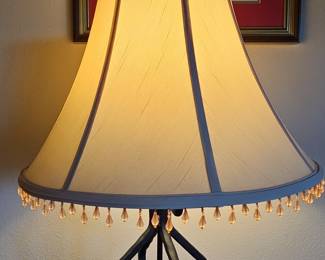 Vintage Cast-Iron Table Lamp with Spiral Design and Beaded Shade